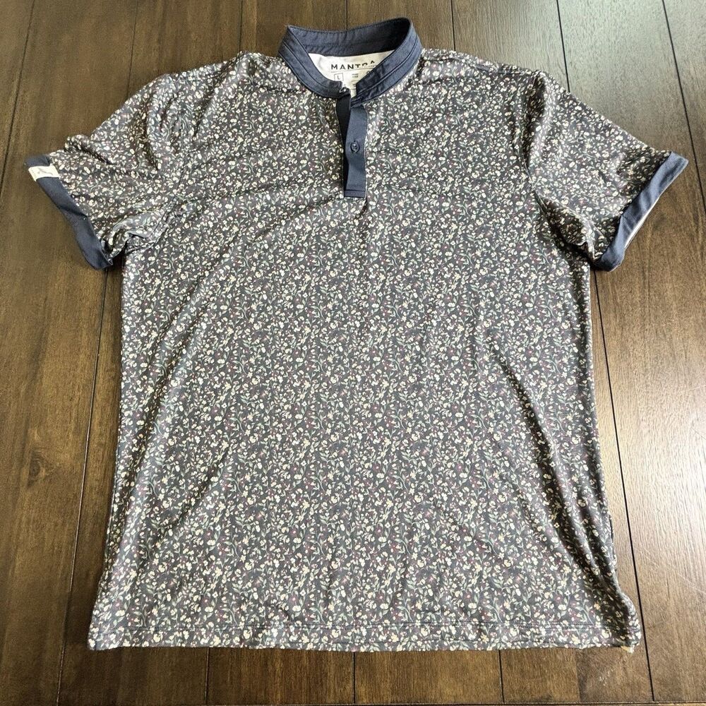 Mantra Catalyst Polo Shirt Men Blue Floral Collar Performance Coral Print Size L